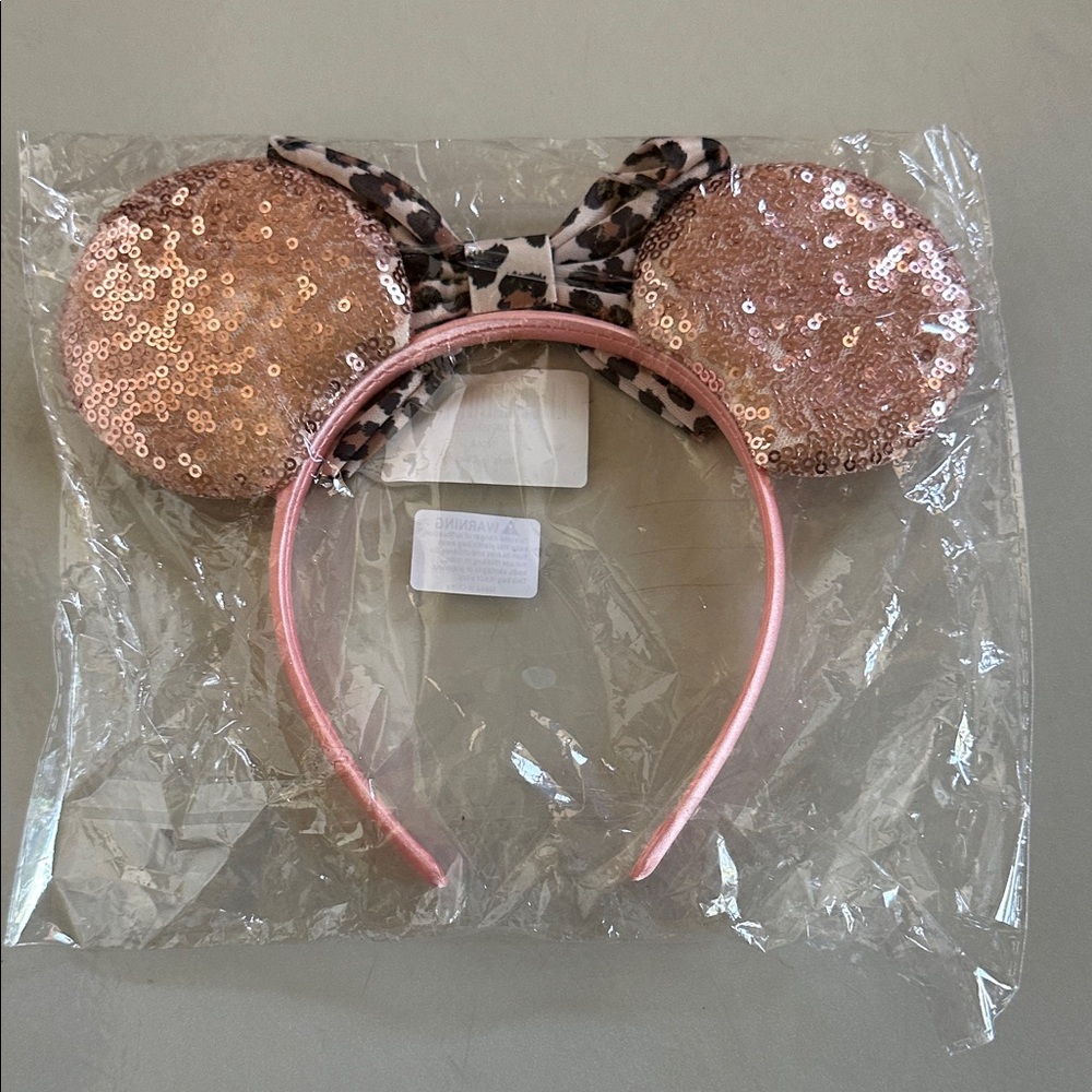 Disney Rose Gold Sequin Minnie Ears Headband with Leopard Bow - Picture 2 of 3